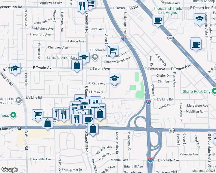 map of restaurants, bars, coffee shops, grocery stores, and more near 3822 Don Carlos Drive in Las Vegas