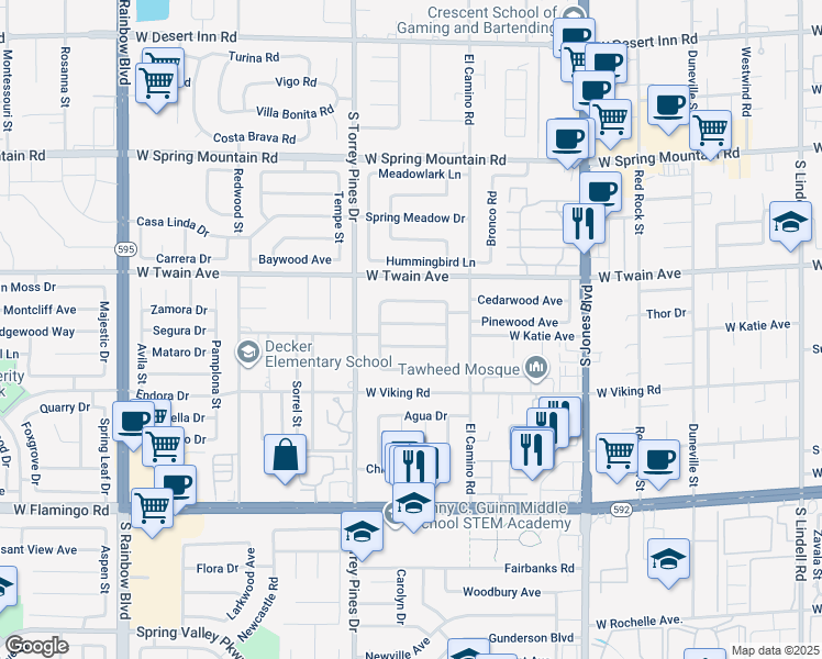 map of restaurants, bars, coffee shops, grocery stores, and more near 6396 Whippoorwill Way in Las Vegas