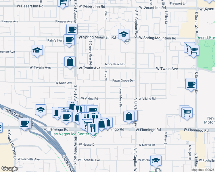 map of restaurants, bars, coffee shops, grocery stores, and more near 3818 Erva Street in Las Vegas