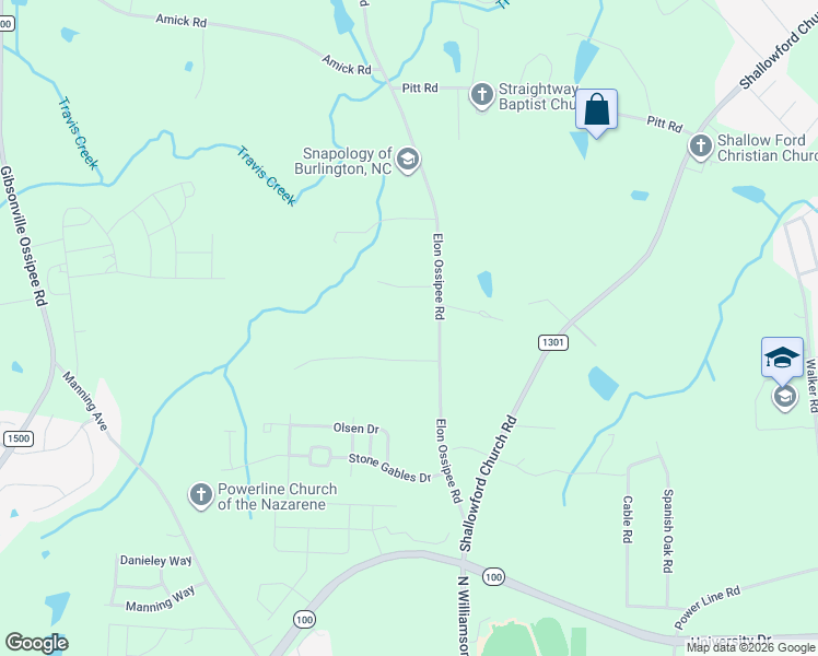 map of restaurants, bars, coffee shops, grocery stores, and more near 1018 Elon Ossipee Road in Elon