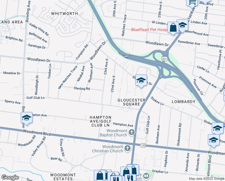 map of restaurants, bars, coffee shops, grocery stores, and more near 2918 22nd Avenue South in Nashville