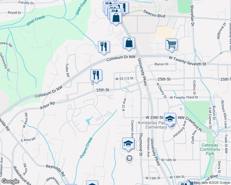map of restaurants, bars, coffee shops, grocery stores, and more near 1055 Francis Asbury Court in Winston-Salem