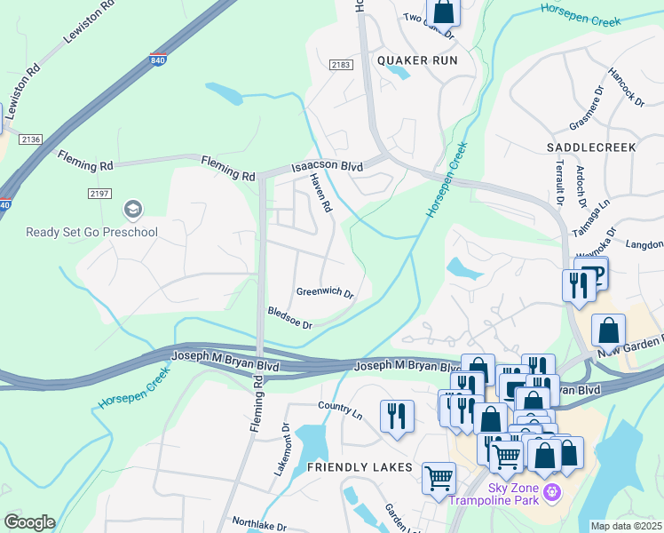 map of restaurants, bars, coffee shops, grocery stores, and more near 5611 David Christian Place in Greensboro