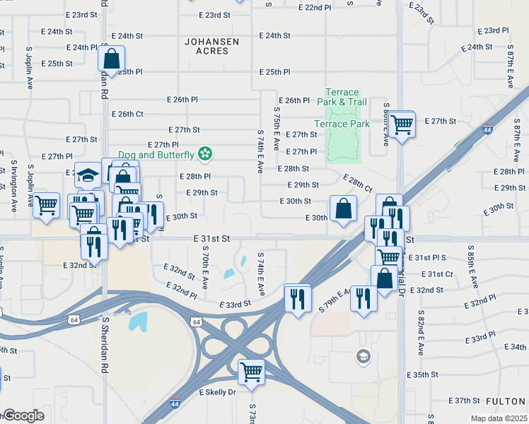 map of restaurants, bars, coffee shops, grocery stores, and more near 3019 South 74th East Avenue in Tulsa