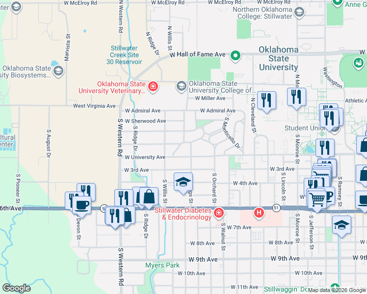 map of restaurants, bars, coffee shops, grocery stores, and more near 164 South Kings Street in Stillwater