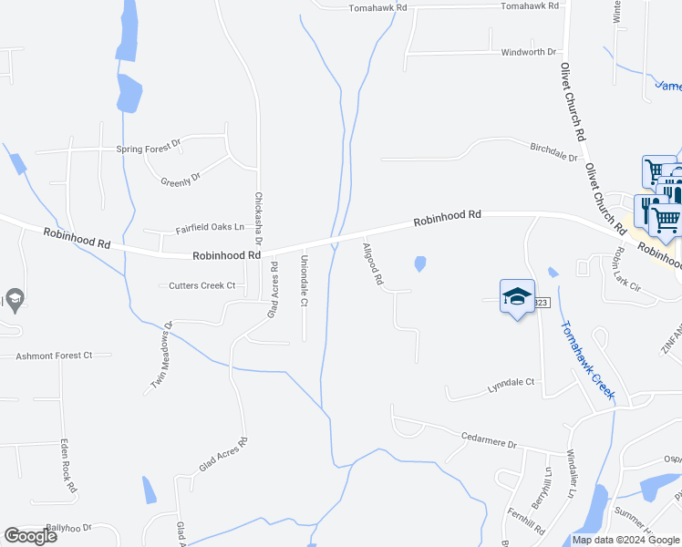 map of restaurants, bars, coffee shops, grocery stores, and more near Allgood Road in Winston-Salem