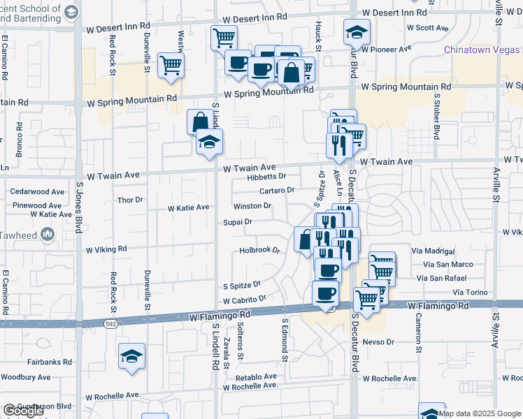 map of restaurants, bars, coffee shops, grocery stores, and more near 5294 Supai Drive in Las Vegas