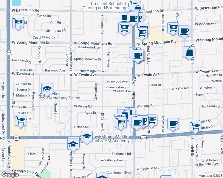 map of restaurants, bars, coffee shops, grocery stores, and more near 6241 Pinewood Avenue in Las Vegas