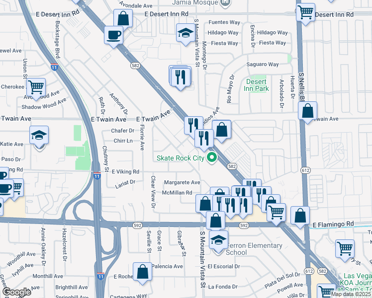 map of restaurants, bars, coffee shops, grocery stores, and more near 104 South Mountain Vista Street in Las Vegas