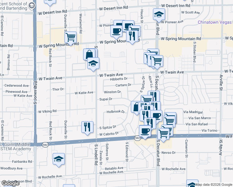 map of restaurants, bars, coffee shops, grocery stores, and more near 5294 Supai Drive in Las Vegas
