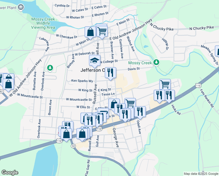 map of restaurants, bars, coffee shops, grocery stores, and more near 805 East King Street in Jefferson City