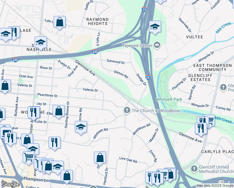 map of restaurants, bars, coffee shops, grocery stores, and more near 2421 Glenrose Avenue in Nashville