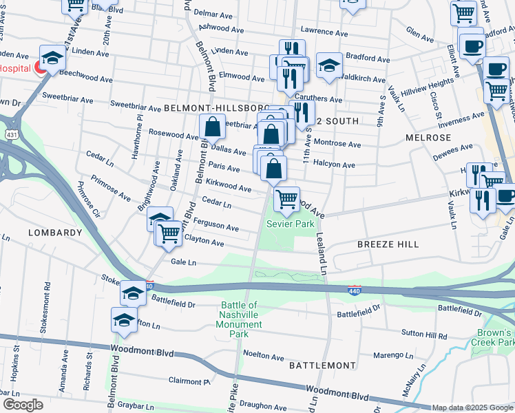 map of restaurants, bars, coffee shops, grocery stores, and more near 1206 Cedar Lane in Nashville