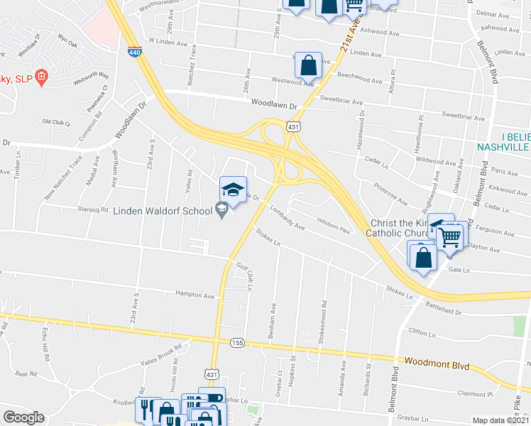 map of restaurants, bars, coffee shops, grocery stores, and more near 2043 Lombardy Avenue in Nashville
