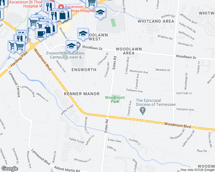 map of restaurants, bars, coffee shops, grocery stores, and more near 804 Crescent Road in Nashville