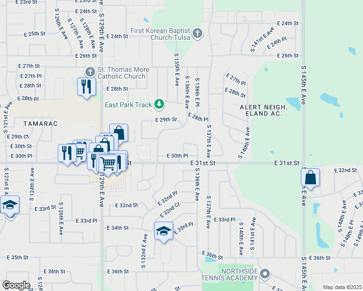map of restaurants, bars, coffee shops, grocery stores, and more near 13512A East 30th Street in Tulsa