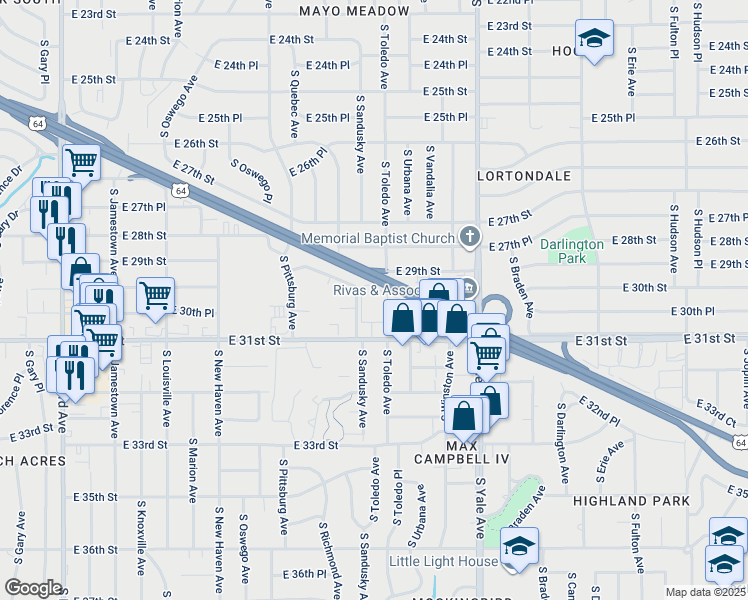 map of restaurants, bars, coffee shops, grocery stores, and more near 4455 East 31st Street in Tulsa