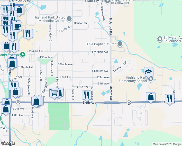 map of restaurants, bars, coffee shops, grocery stores, and more near 201 South Payne Street in Stillwater