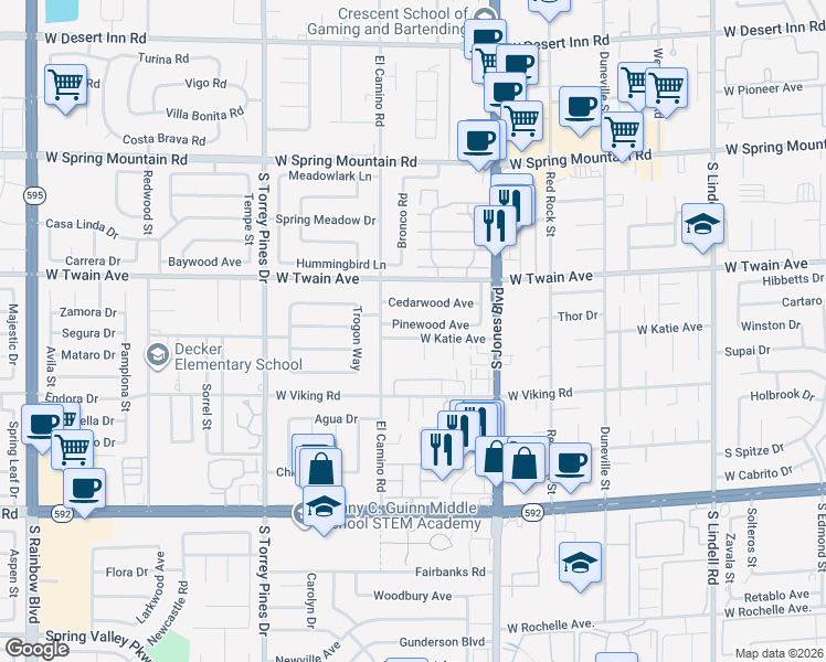 map of restaurants, bars, coffee shops, grocery stores, and more near 6241 Pinewood Avenue in Las Vegas