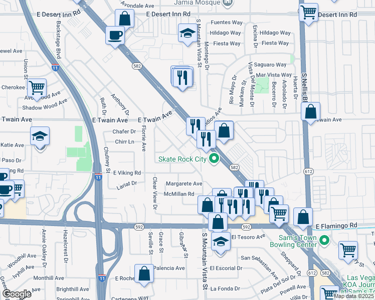 map of restaurants, bars, coffee shops, grocery stores, and more near 104 South Mountain Vista Street in Las Vegas