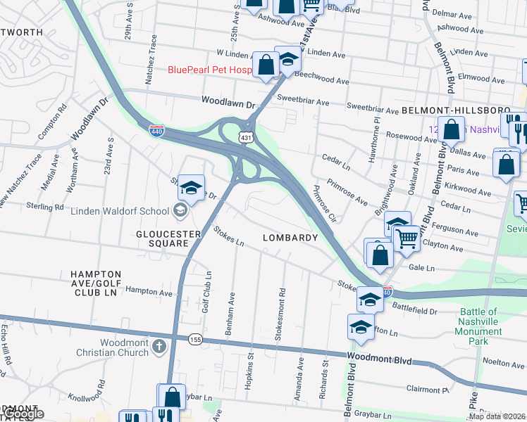 map of restaurants, bars, coffee shops, grocery stores, and more near 1912 Lombardy Avenue in Nashville
