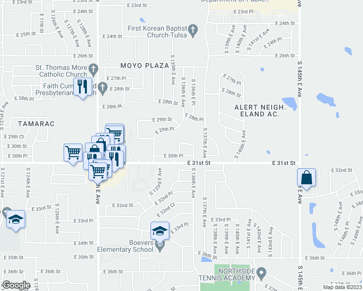 map of restaurants, bars, coffee shops, grocery stores, and more near 13512A East 30th Street in Tulsa
