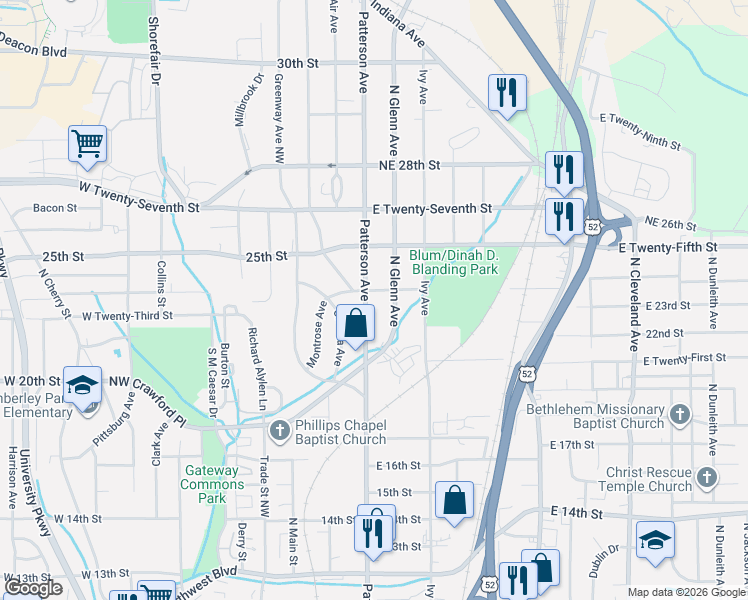 map of restaurants, bars, coffee shops, grocery stores, and more near 2312 Glenn Avenue Northeast in Winston-Salem