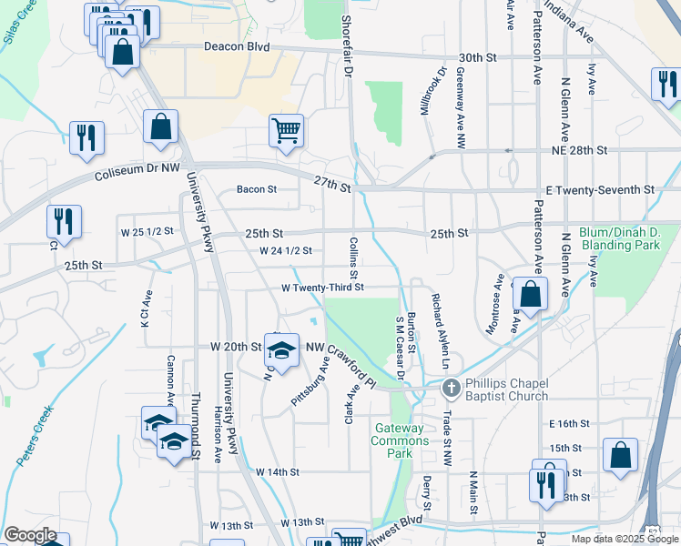 map of restaurants, bars, coffee shops, grocery stores, and more near 317 West 23rd Street in Winston-Salem