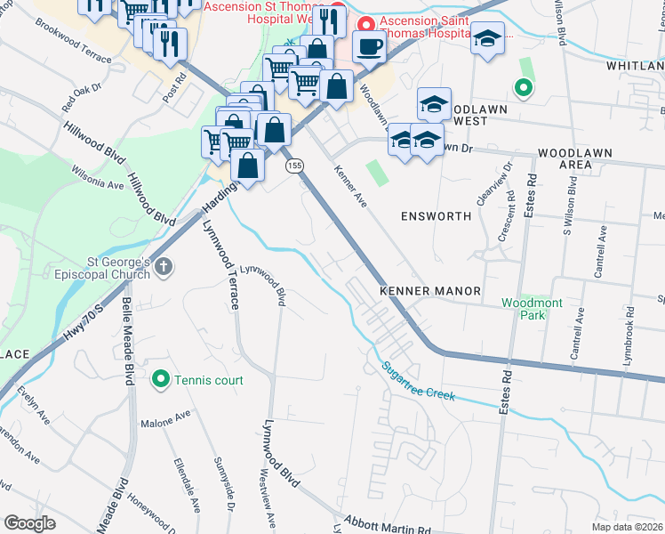 map of restaurants, bars, coffee shops, grocery stores, and more near 230 Westchase Drive in Nashville