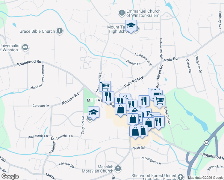 map of restaurants, bars, coffee shops, grocery stores, and more near 3501 Beacon Hill Drive Northwest in Winston-Salem