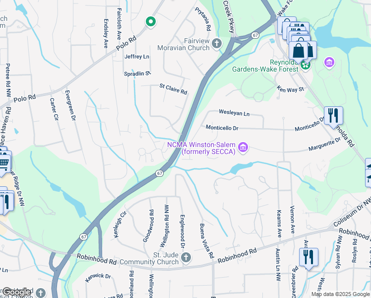 map of restaurants, bars, coffee shops, grocery stores, and more near 2965 Wesleyan Lane in Winston-Salem