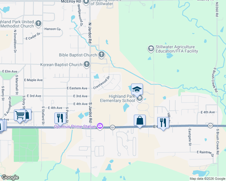 map of restaurants, bars, coffee shops, grocery stores, and more near 2215 Timbercrest Drive in Stillwater