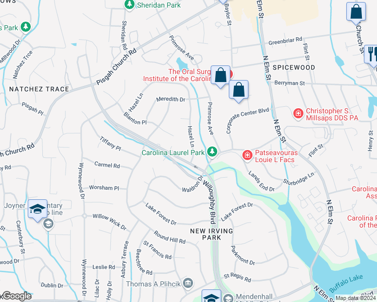 map of restaurants, bars, coffee shops, grocery stores, and more near 3703 Hazel Lane in Greensboro