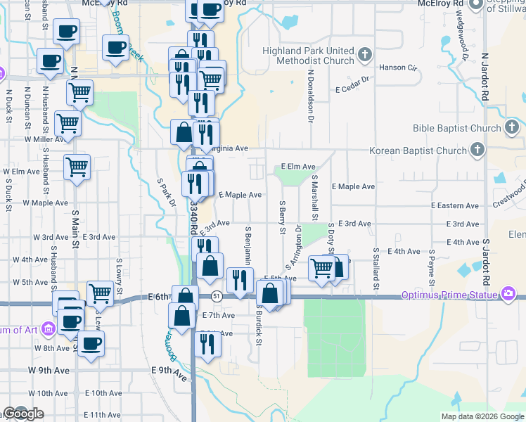 map of restaurants, bars, coffee shops, grocery stores, and more near 229 South Burdick Street in Stillwater