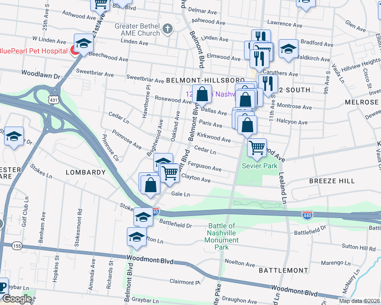 map of restaurants, bars, coffee shops, grocery stores, and more near 2904 Belmont Boulevard in Nashville