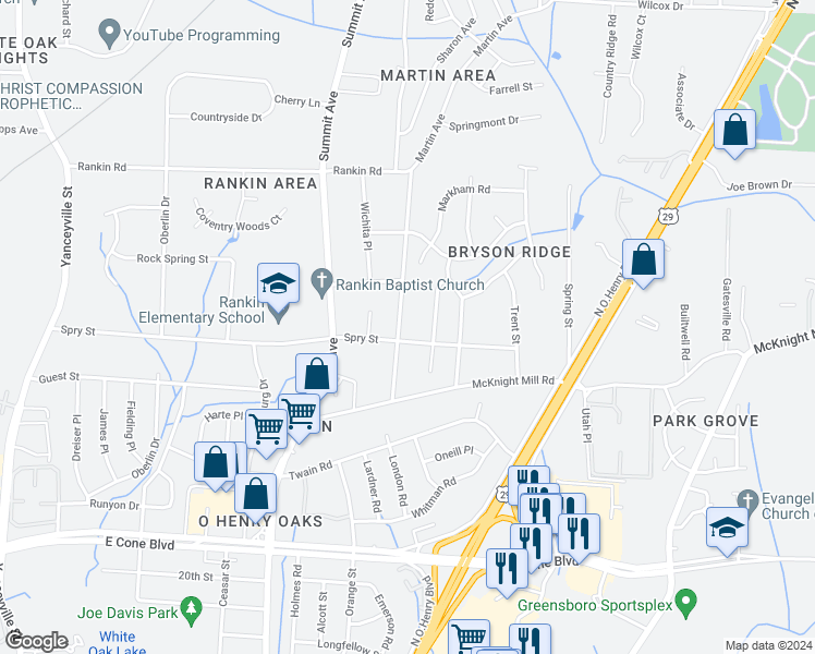 map of restaurants, bars, coffee shops, grocery stores, and more near 3304 Martin Avenue in Greensboro