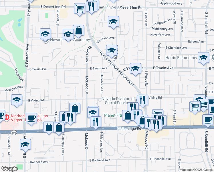 map of restaurants, bars, coffee shops, grocery stores, and more near 3131 East Katie Avenue in Las Vegas