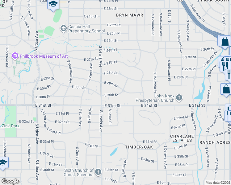 map of restaurants, bars, coffee shops, grocery stores, and more near 2445 East 30th Street in Tulsa