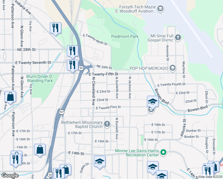 map of restaurants, bars, coffee shops, grocery stores, and more near 1420 23rd Street Northeast in Winston-Salem