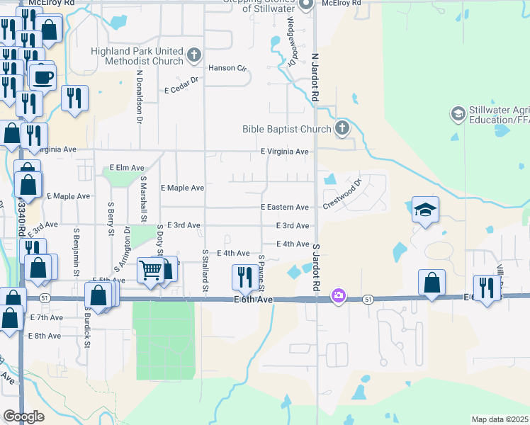 map of restaurants, bars, coffee shops, grocery stores, and more near 201 South Payne Street in Stillwater