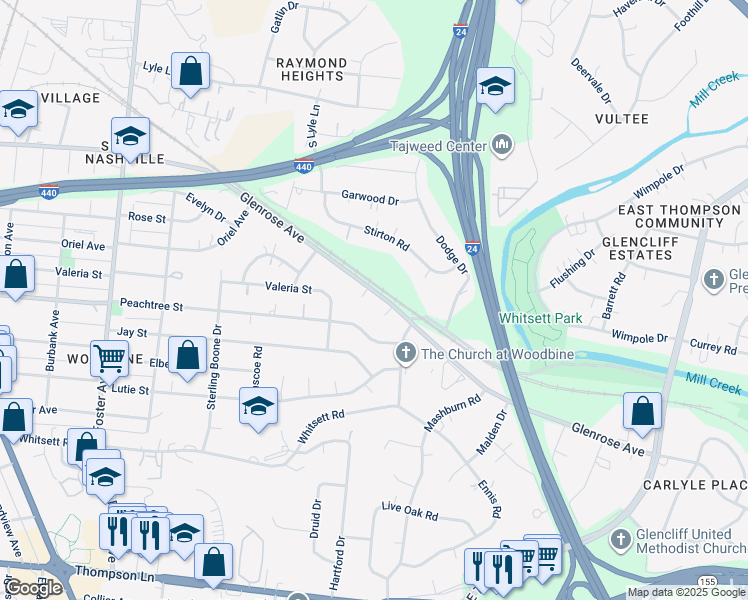 map of restaurants, bars, coffee shops, grocery stores, and more near 2421 Glenrose Avenue in Nashville