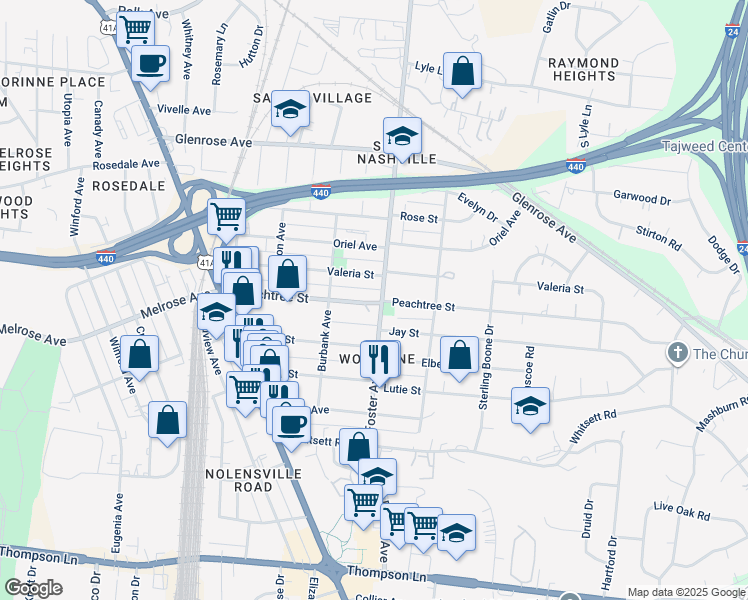 map of restaurants, bars, coffee shops, grocery stores, and more near 2323 Foster Avenue in Nashville
