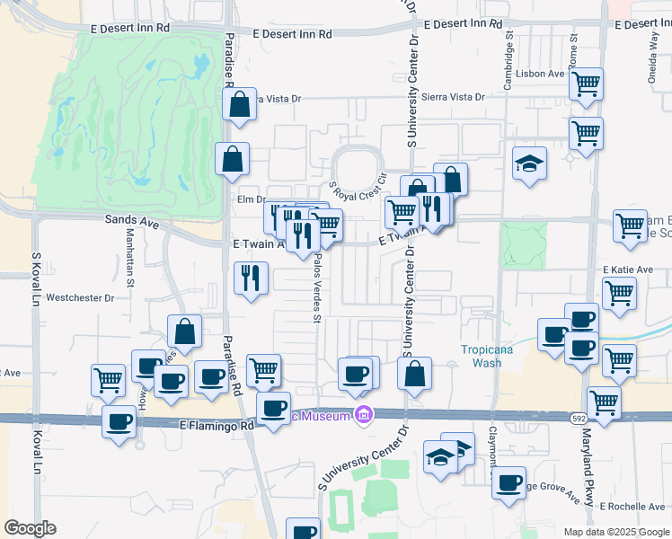 map of restaurants, bars, coffee shops, grocery stores, and more near 3801 Royal Crest Street in Las Vegas