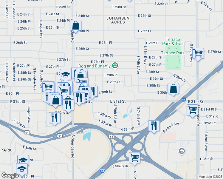 map of restaurants, bars, coffee shops, grocery stores, and more near 6727 East 30th Street in Tulsa