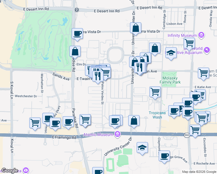 map of restaurants, bars, coffee shops, grocery stores, and more near 3801 Royal Crest Street in Las Vegas