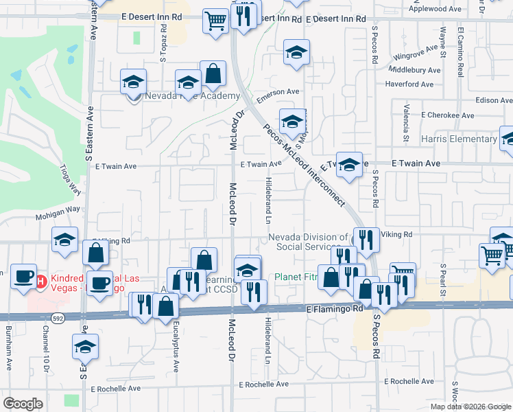 map of restaurants, bars, coffee shops, grocery stores, and more near 3810 Robar Street in Las Vegas