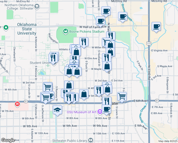 map of restaurants, bars, coffee shops, grocery stores, and more near 216 South Duncan Street in Stillwater