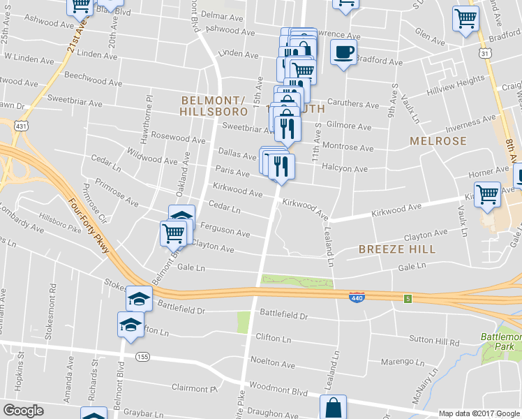 map of restaurants, bars, coffee shops, grocery stores, and more near 1206 Cedar Lane in Nashville