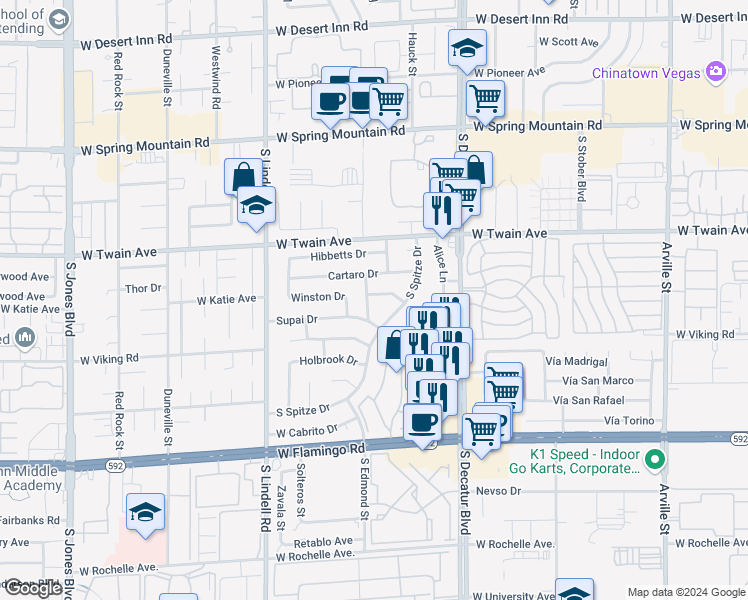 map of restaurants, bars, coffee shops, grocery stores, and more near 3814 South Edmond Street in Las Vegas