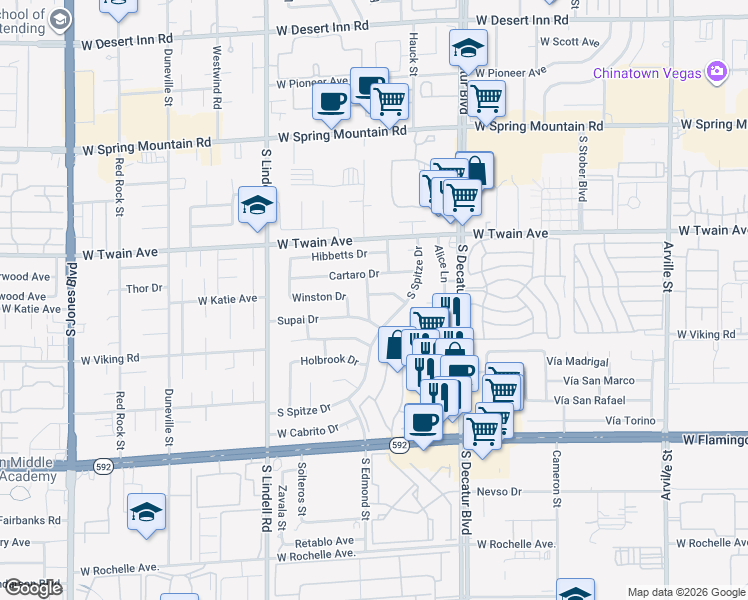 map of restaurants, bars, coffee shops, grocery stores, and more near 3814 South Edmond Street in Las Vegas